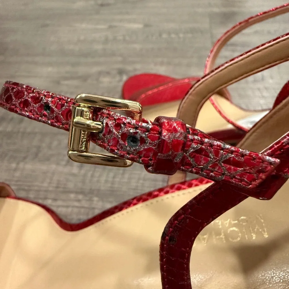 Michael Kors Red Metallic Snakeskin Embossed Leather Sandals Heels 11M
